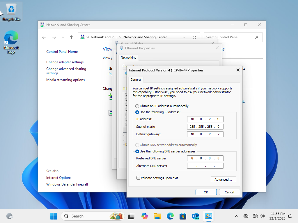 current ipv4 settings